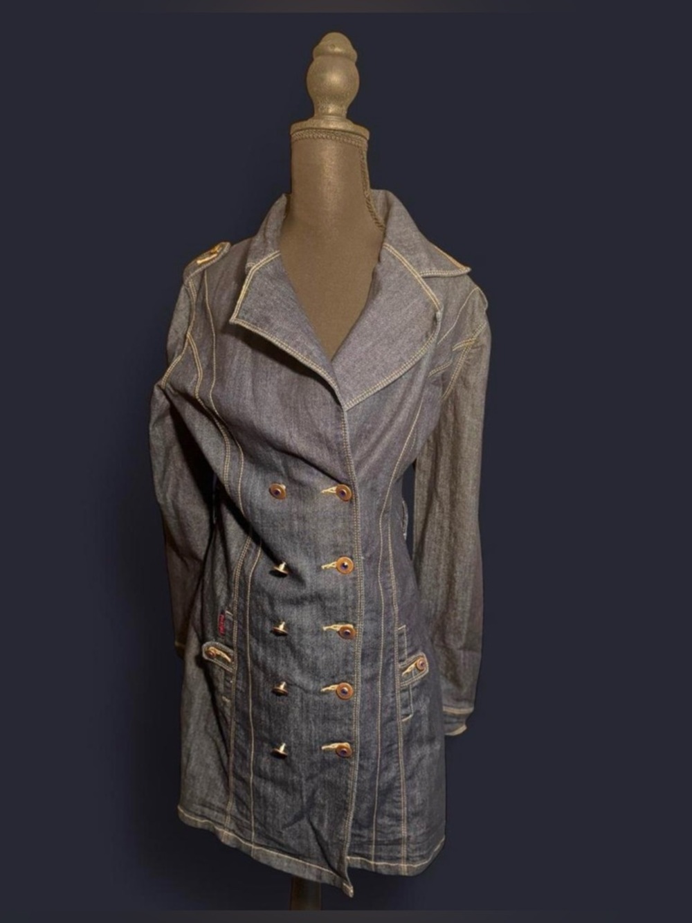 Jou Jou Dark Y2K Denim Trenchcoat / Dress with Blue Rhinestone Detailing